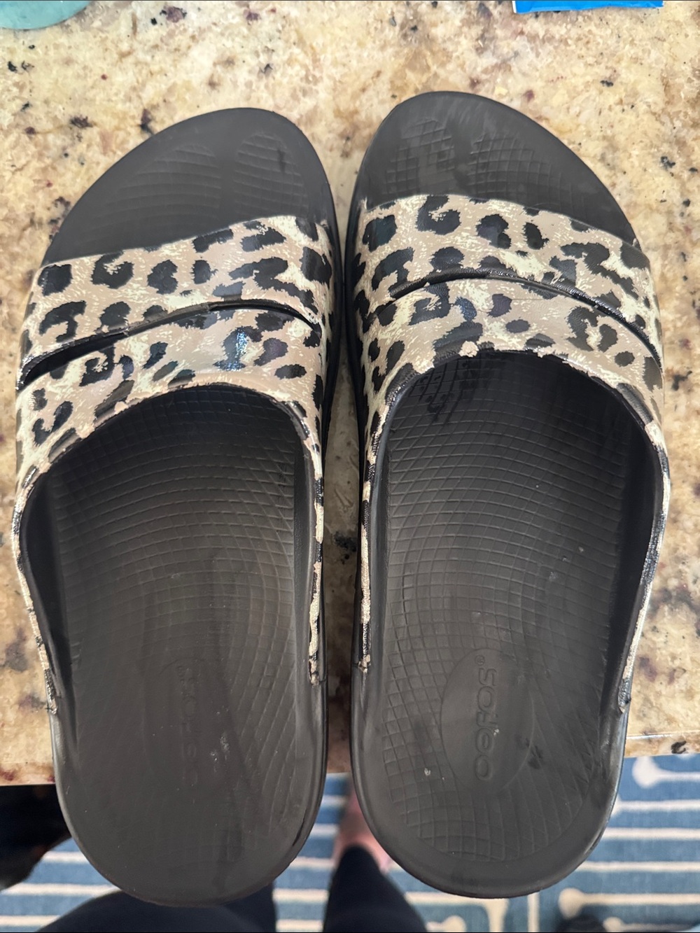 OOFOS Leopard Print Slide Sandals - Black Footbed